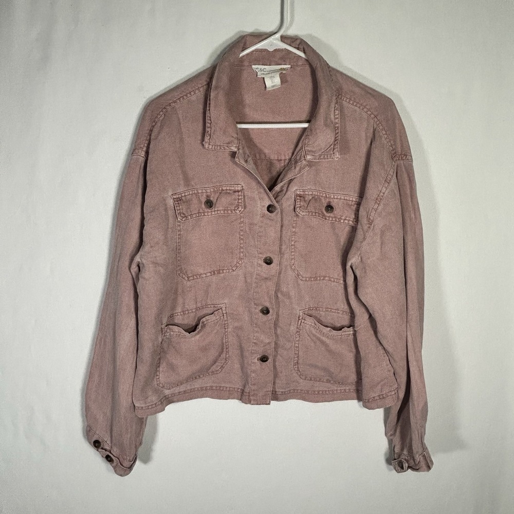 C&C California Linen Blend Utility Jacket Women Large Pink Chore Shacket Pockets